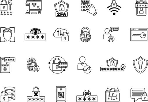 Password Icon Set. Illustrations Encryption, User, Access, Computer, Phone, Two-Factor Authentication, Change Password, Security, Face ID, Fingerprint, Access Code, and More vector