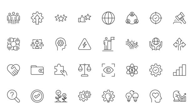 Icons for the Core Values line set. Core, principles, leadership, objectives, target, customer, success, accountability, and quality. vector