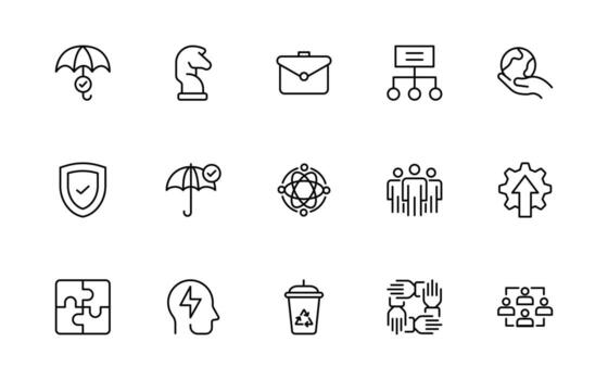 Set of outline icons for Core Values. Core values, business, leadership, objectives, target, client, quality, success, accountability, and quality. vector