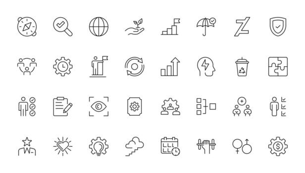 Icons for the Core Values line set. Core, principles, enterprise, leadership, target, customer, success, accountability, and quality. vector