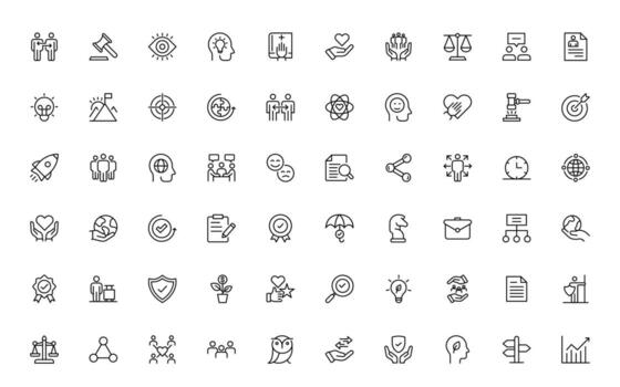 Icons for the Core Values line. core, values, leadership, target, client, quality, success, and quality. vector