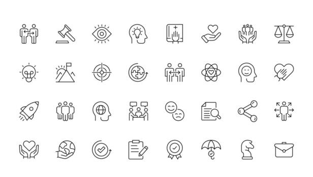 Core Values line icon set. Principles, business, leadership, objectives, target, success, accountability, and quality. vector