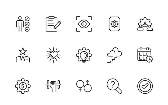 Core Values line icon set. Principles, business, leadership, objectives, target, customer, success, and quality. vector