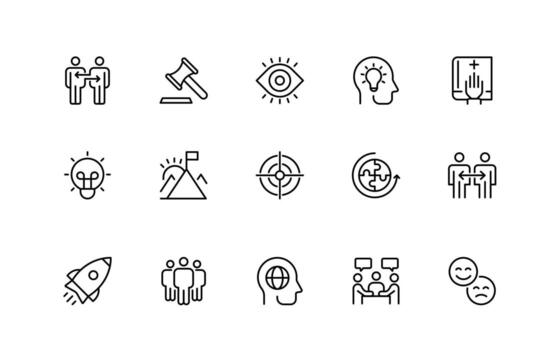 Icons for the Core Values line set. Core, principles, enterprise, objectives, target, customer, success, accountability, and quality. vector