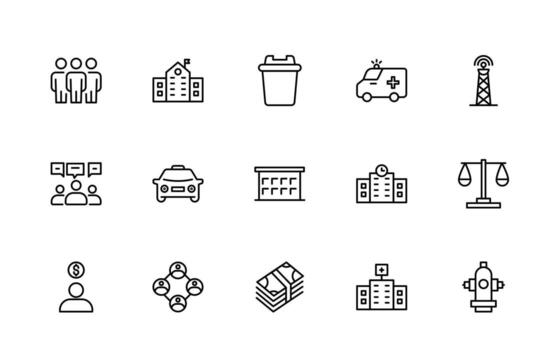 A collection of an outline Icons for Public Services. thin, linear, minimalist set of web icons. Icons for public utilities. Water, electricity, and gas. vector