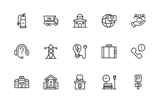An line set Icons for Public Services. thin, linear, minimalist web icon set. Public utility-related line icons. heating, water, electricity, and gas. vector