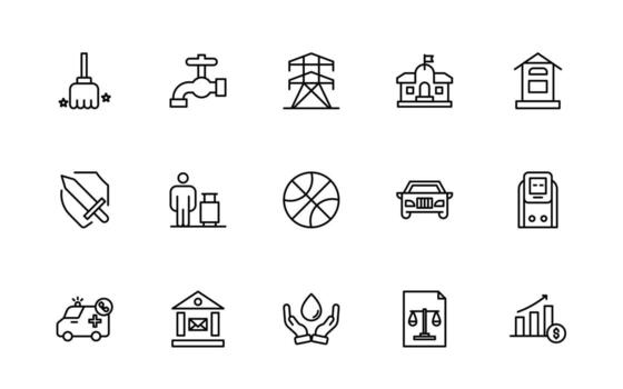 Collection of line Icons for Public Services. thin, linear, minimalist set of web icons. Icons for public utilities. Water, heating, electricity, and gas. vector