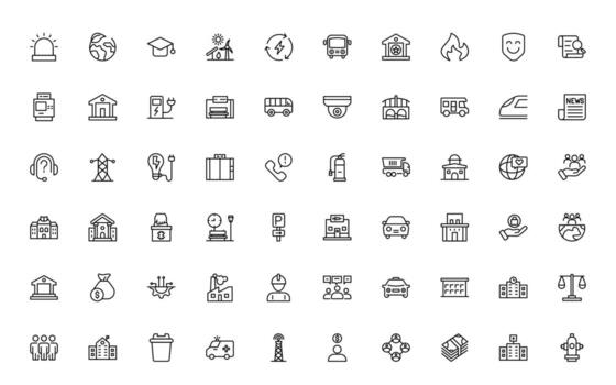 An outline set Icons for Public Services. thin, linear, minimalist web icon set. Public utility-related line icons. heating, water, and gas. vector