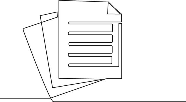 continuous single line drawing of a stack of paper documents. The top page has a folded corner and lines representing text on a white background. vector