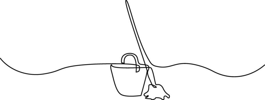 continuous line drawing depicts a bucket with a handle mop. vector