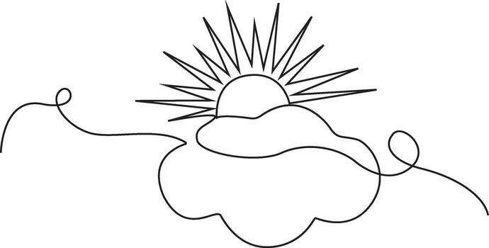continuous one line sun and clouds, sun behind cloud simple drawings in one line drawing. vector