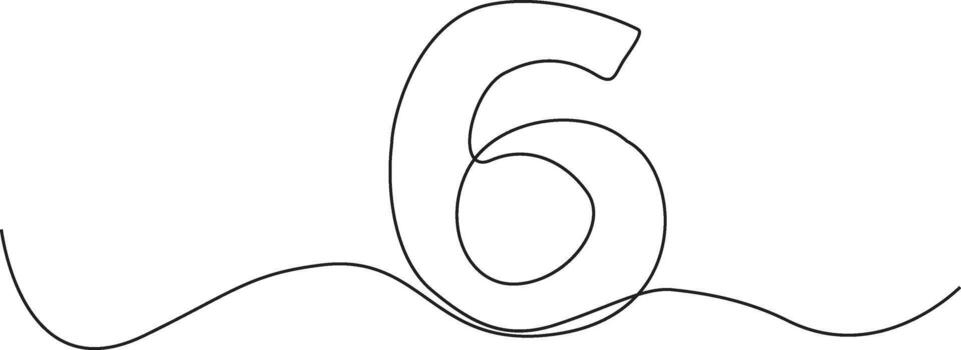 soltero continuo línea dibujo representa el número seis, con un curvo línea extensión desde él. vector