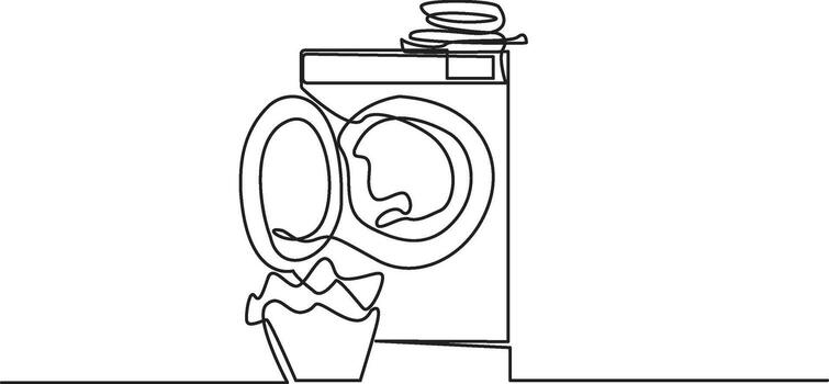 One line drawing depicts a washing machine with an open door, a basket of clothes, and folded towels on top. vector