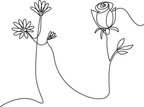 Continuous single line art drawing featuring a stylized rose and three daisy-like flowers, presented on a white background in a minimalist style. vector