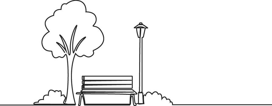 Bench in park near tree and lantern continuous one line drawing.. vector