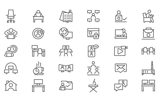 Work from home line icon set. Contains such Icons as a freelancer, Remote work, Coworking, Conference, hybrid work, digital nomad, and Remote work outline icon pack vector