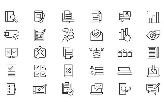Survey line icon set. Audit, analysis, plan, evaluation, quality process, result, rewiev, feedback, exam, document, business management data, statistic line icon set. UI thin outline icon vector