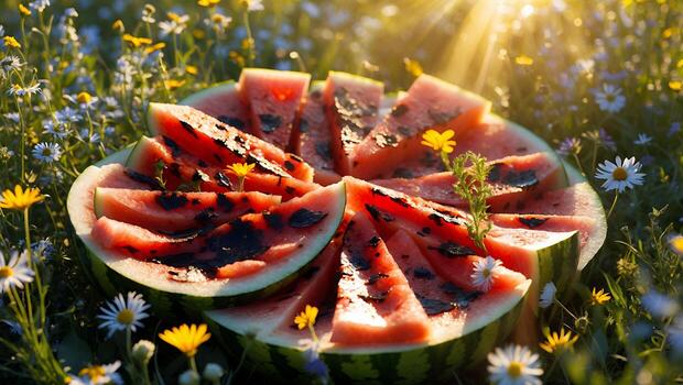 Sliced Watermelon in a Field of Wildflowers During Golden Hour photo