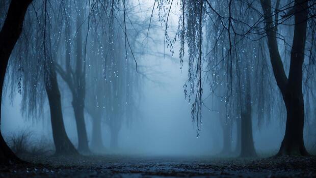 Walking Through Misty Park with Weeping Willow Trees on Rainy Day photo