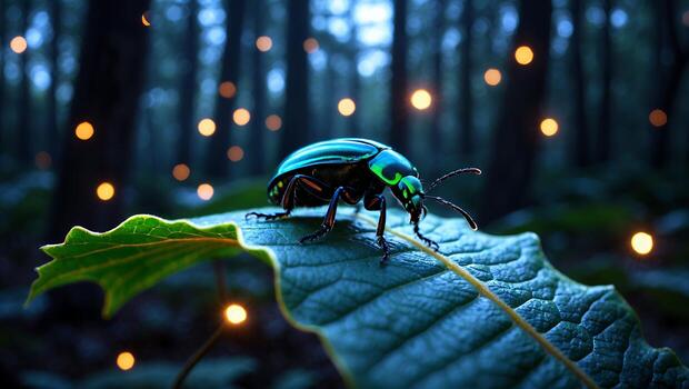 Green Beetle Sitting on Leaf in Dreamy Forest Setting photo