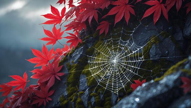 Spiderweb on Rock with Moss and Red Leaves in Autumn Landscape photo