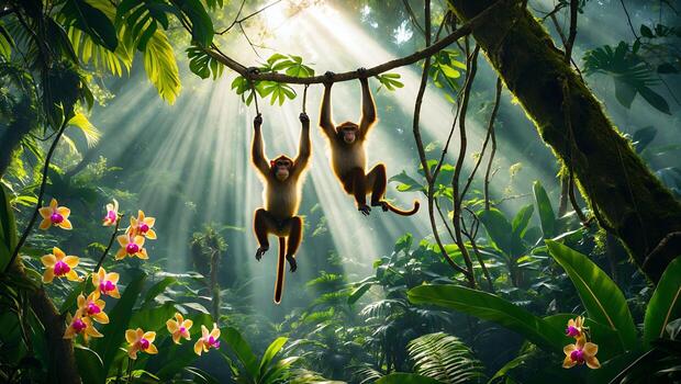 Monkeys Swinging From Vine in Lush Jungle with Sun Rays photo