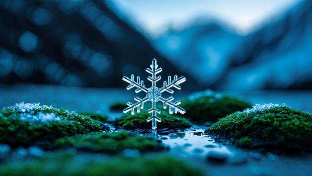 Snowflake on Moss Close-up Sparkling in Winter with Mountain Backdrop photo