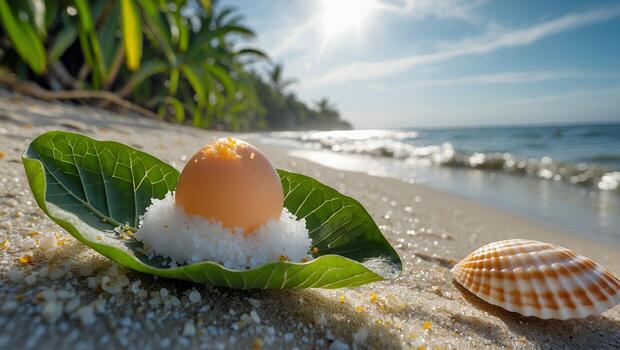Egg on Leaf with Shell at Tropical Beach Seaside Scenery photo