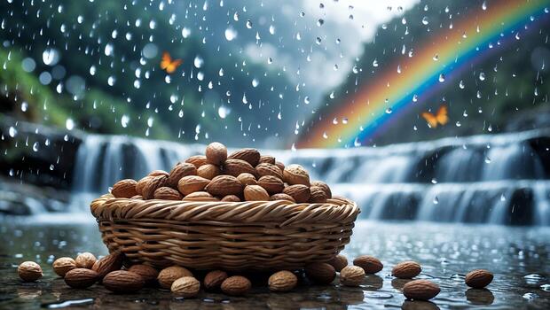 Almonds in Basket Waterfall Backdrop with Rainbow and Raindrops photo