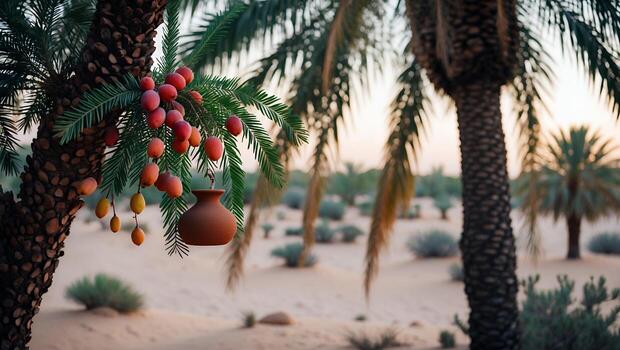 Harvesting Dates on a Palm Tree with Clay Pot in Desert photo