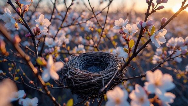 Bird Nest in Blossoming Tree at Sunset a Springtime Scene photo
