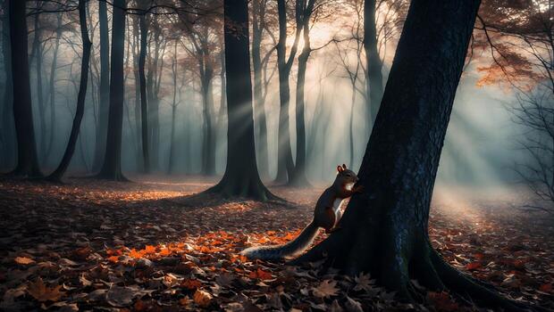 Squirrel Climbing Tree Trunk in Mystical Autumn Forest with Sunbeams photo