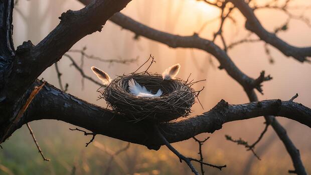 Bird Nest with Feathers Resting on Branch at Golden Sunset photo
