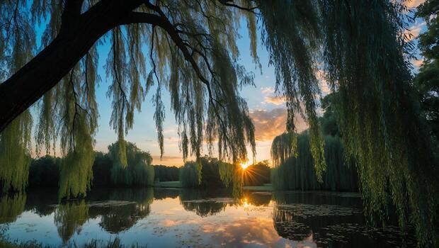 Reflecting Willow Trees Over Calm Lake at Sunset with Sunburst photo