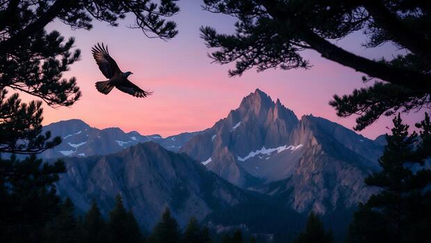 Eagle Flying Over Mountain Range at Colorful Sunset with Trees photo