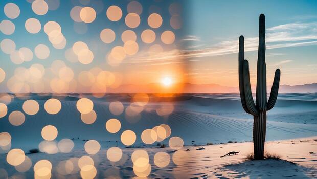 Cactus in White Sands Desert at Sunset with Bokeh Overlay photo