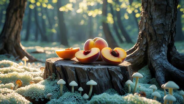 Peaches on Tree Stump Surrounded by Mushrooms in Forest Glade photo