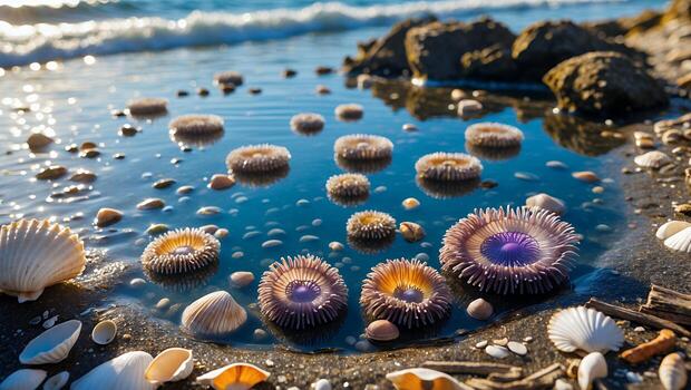 Coastal Tidal Pool with Sea Anemones and Seashells at Shoreline photo