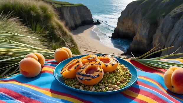 Grilled Apricots with Pistachios on Picnic Blanket Overlooking Coastal Scenery photo