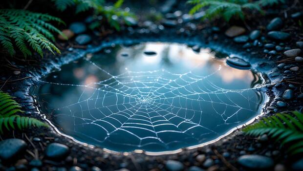 Spiderweb Floating on Water in Puddle with Ferns and Rocks photo