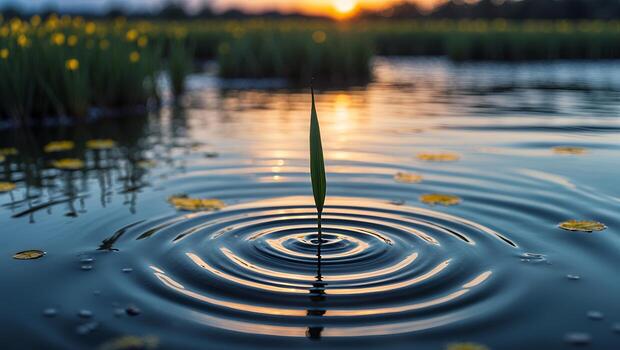 Blade of Grass Creating Ripples in a Pond During Sunset photo
