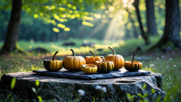 Pumpkins on Stone Slab in Forest with Sunlight Streaming Through photo