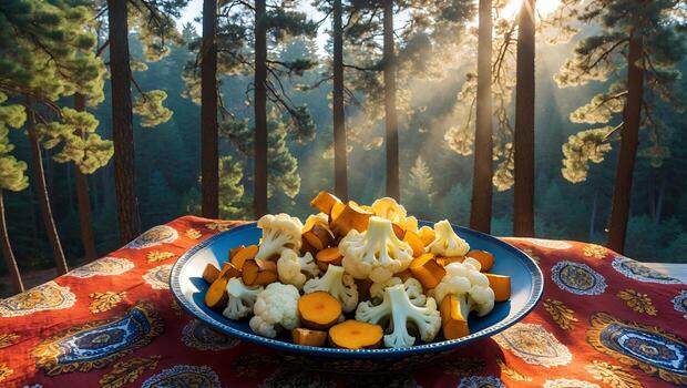 Cauliflower and Butternut Squash Dish on Patterned Cloth in Forest photo