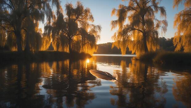 Feather Floating on Calm Lake with Sunset and Weeping Willows photo