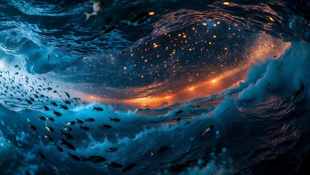 Underwater Ocean View with Fish and Sunlit Water Breaking Waves photo