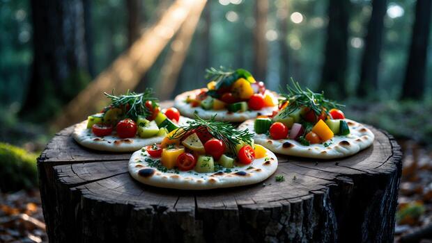 Vegetable Flatbreads on Wood Log in Forest Setting for Picnic photo