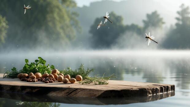Nuts and Herbs on Wooden Platform with Dragonflies Over Misty Lake photo