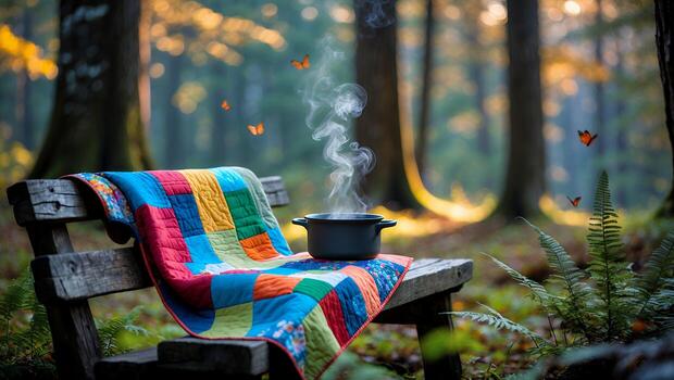 Steaming Pot on Bench with Quilt in Forest Scenic View photo