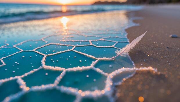 Feather on Sandy Beach with Geometric Patterned Water at Sunset photo