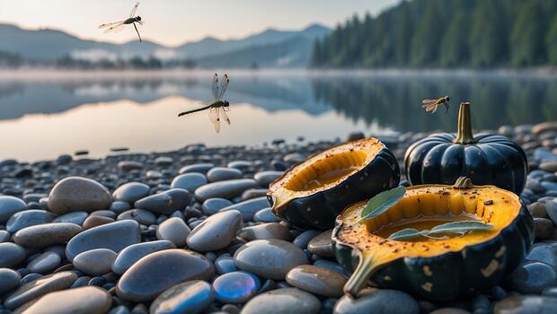 Preparing Winter Squash by Calm Lake with Dragonflies Flying Around photo